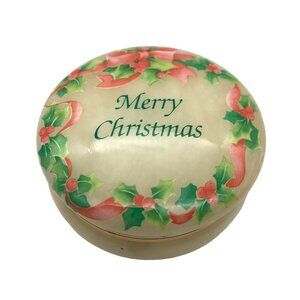 Genuine Alabaster Merry Christmas Hand Carved Trinket Jewelry Box Holly Border